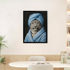 Framed Leopard Portrait Art Print with Blue Towel and Robe, Modern Home Decor
