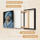 Framed Leopard Portrait Art Print with Blue Towel and Robe, Modern Home Decor