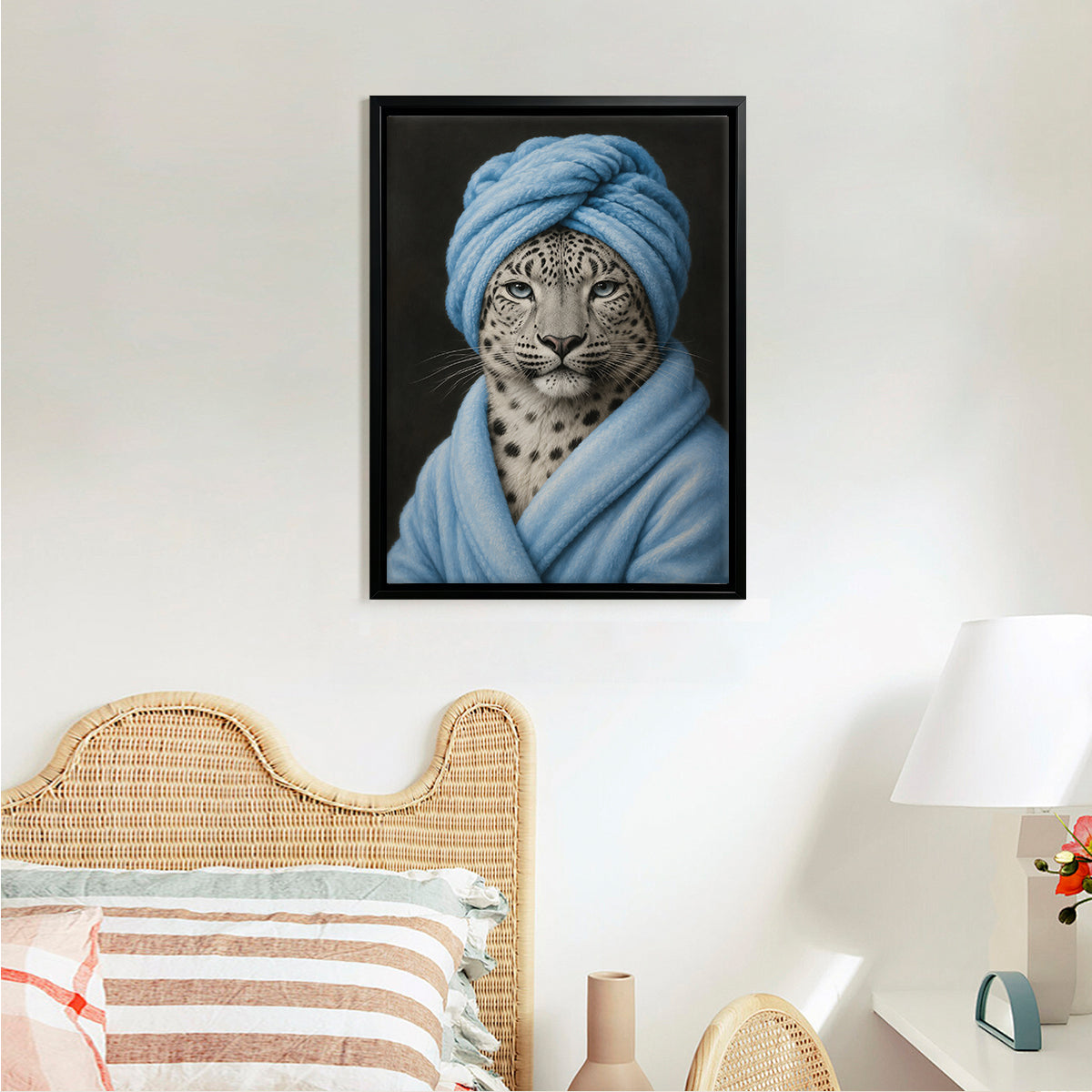 Framed Leopard Portrait Art Print with Blue Towel and Robe, Modern Home Decor