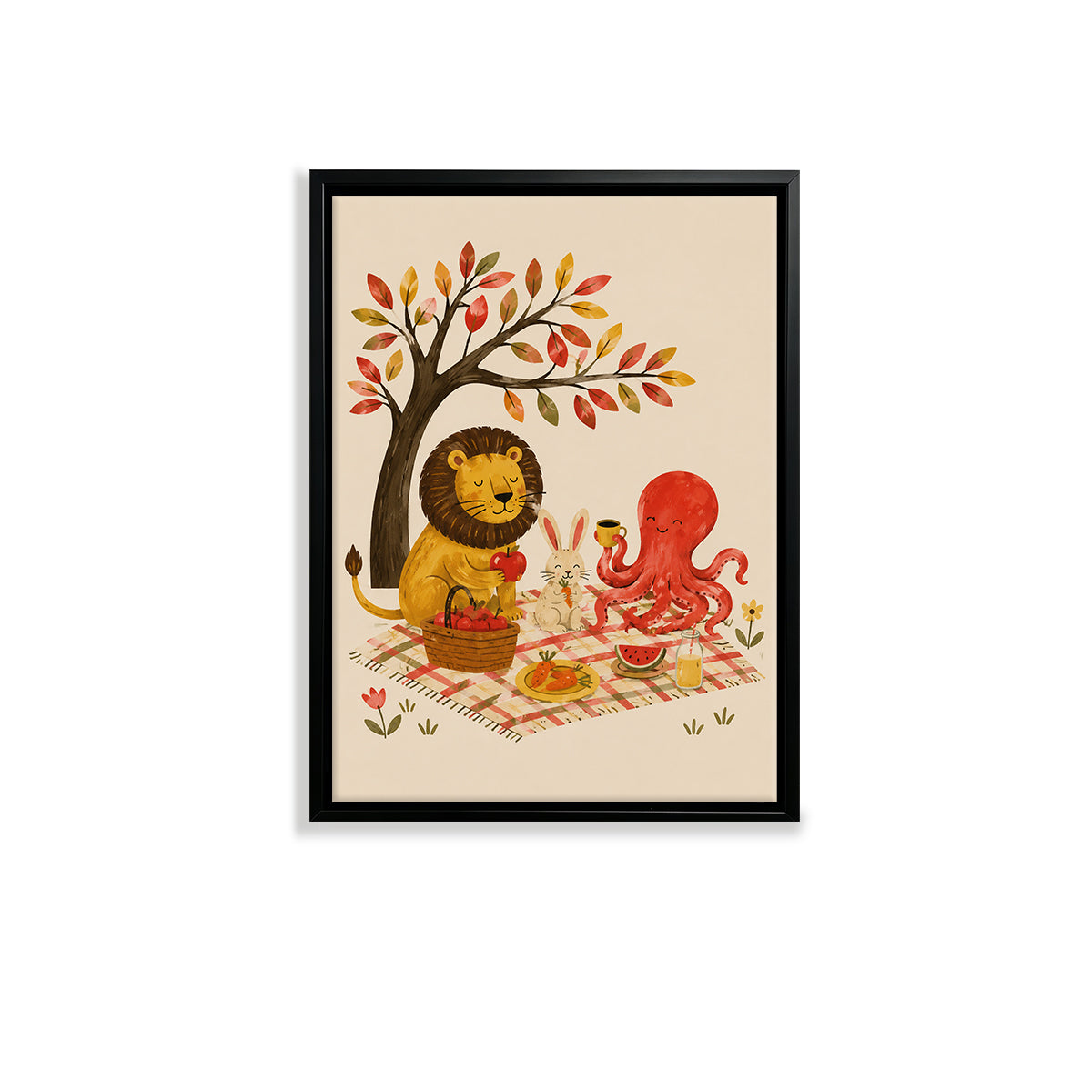 Framed Autumn Picnic Illustration with Lion, Rabbit, and Octopus - Cozy Home Decor