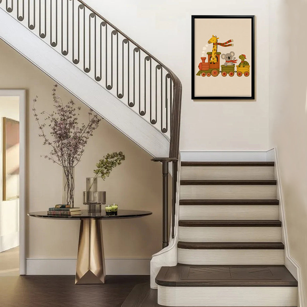 Framed Animal Train Art Print, Whimsical Zoo Pattern, High-Quality Matte Finish, Perfect for Nursery or Kids' Room