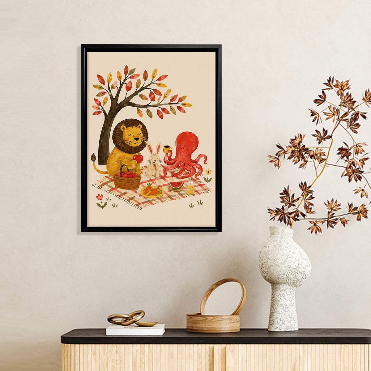 Framed Autumn Picnic Illustration with Lion, Rabbit, and Octopus - Cozy Home Decor