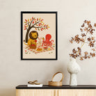 Framed Autumn Picnic Illustration with Lion, Rabbit, and Octopus - Cozy Home Decor