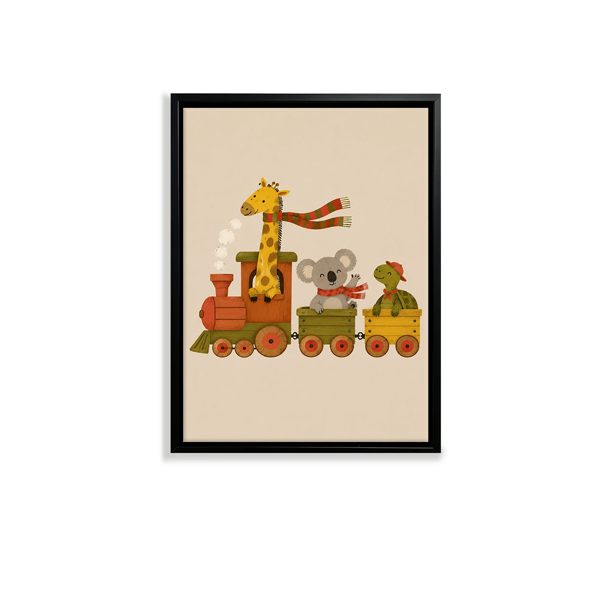 Framed Animal Train Art Print, Whimsical Zoo Pattern, High-Quality Matte Finish, Perfect for Nursery or Kids' Room