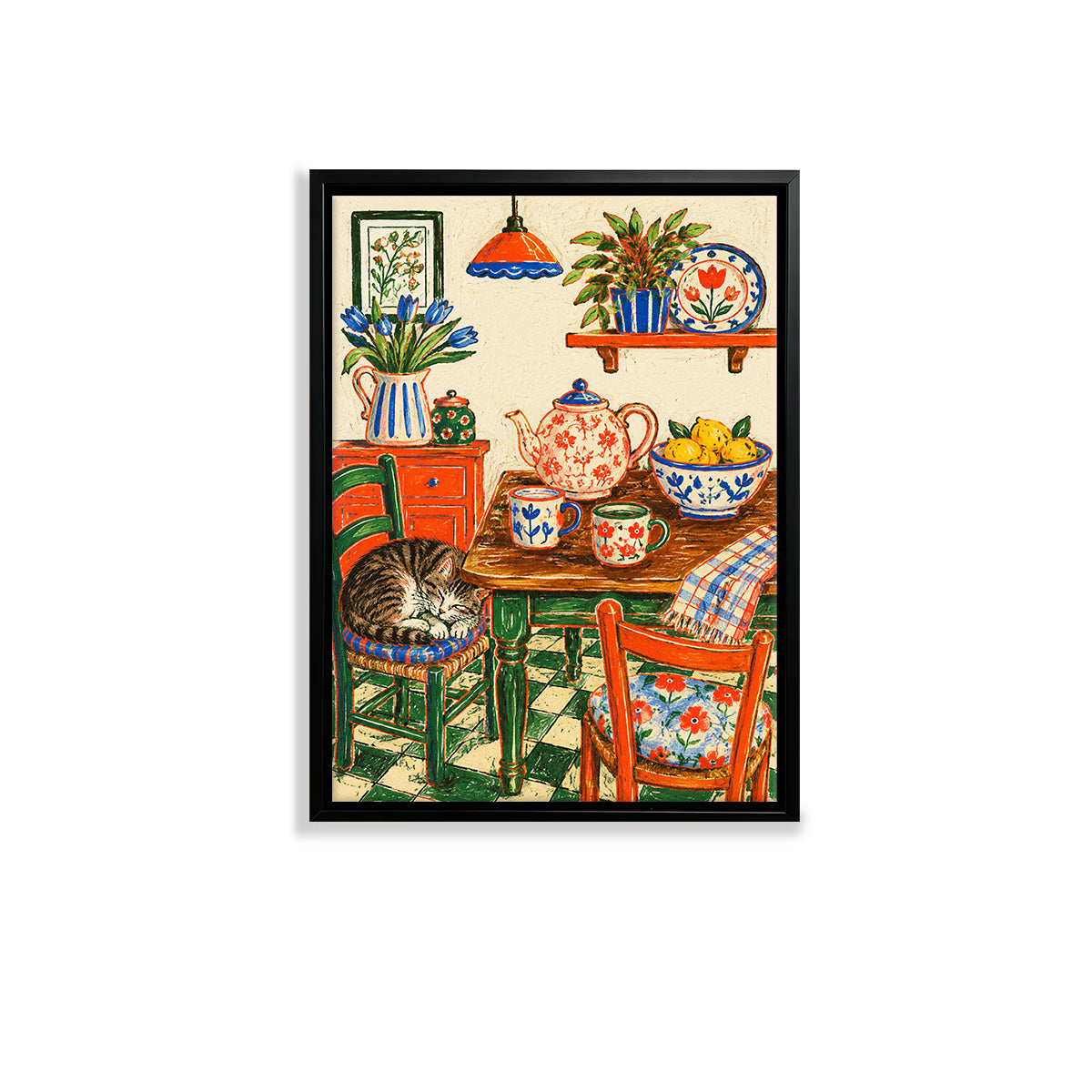 Framed Kitchen Still Life Art Print with Cat, Floral Style, High-Quality Paper, Perfect for Home Decor in New York
