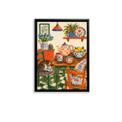 Framed Kitchen Still Life Art Print with Cat, Floral Style, High-Quality Paper, Perfect for Home Decor in New York