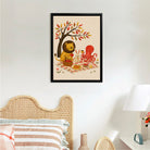 Framed Autumn Picnic Illustration with Lion, Rabbit, and Octopus - Cozy Home Decor
