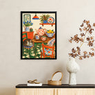 Framed Kitchen Still Life Art Print with Cat, Floral Style, High-Quality Paper, Perfect for Home Decor in New York