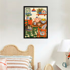 Framed Kitchen Still Life Art Print with Cat, Floral Style, High-Quality Paper, Perfect for Home Decor in New York