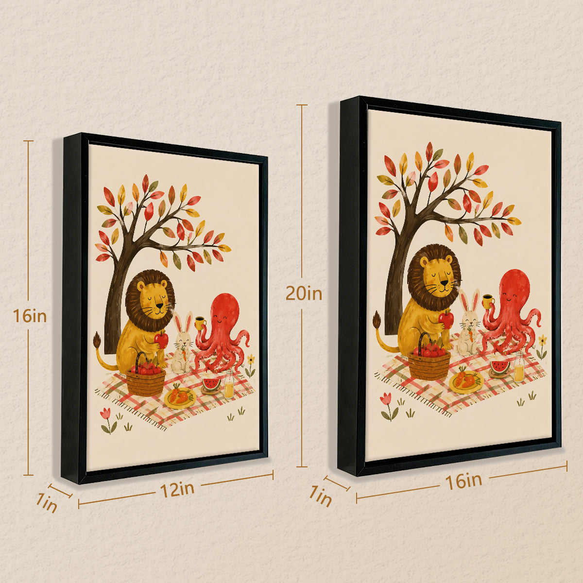 Framed Autumn Picnic Illustration with Lion, Rabbit, and Octopus - Cozy Home Decor