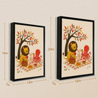 Framed Autumn Picnic Illustration with Lion, Rabbit, and Octopus - Cozy Home Decor