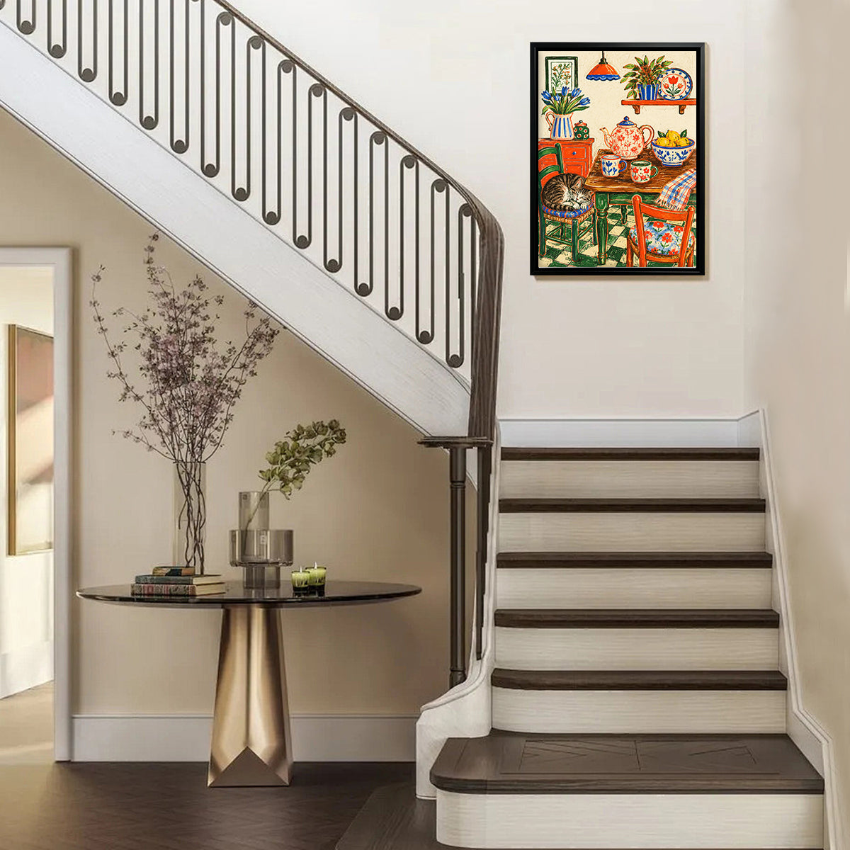 Framed Kitchen Still Life Art Print with Cat, Floral Style, High-Quality Paper, Perfect for Home Decor in New York