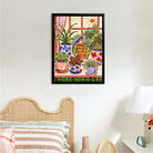 Framed Window Plant Art Print with Bluebird, Vibrant Home Decor for Living Room or Bedroom