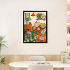 Framed Kitchen Still Life Art Print with Cat, Floral Style, High-Quality Paper, Perfect for Home Decor in New York