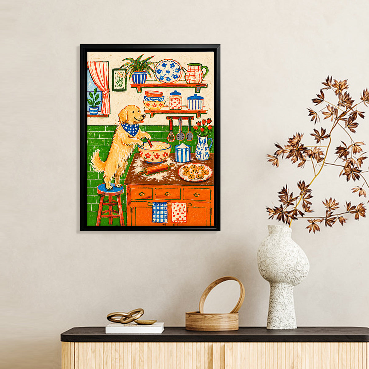 Framed Kitchen Art Print Featuring a Dog Baking in a Vintage Style, Perfect for Home Decor or Gift