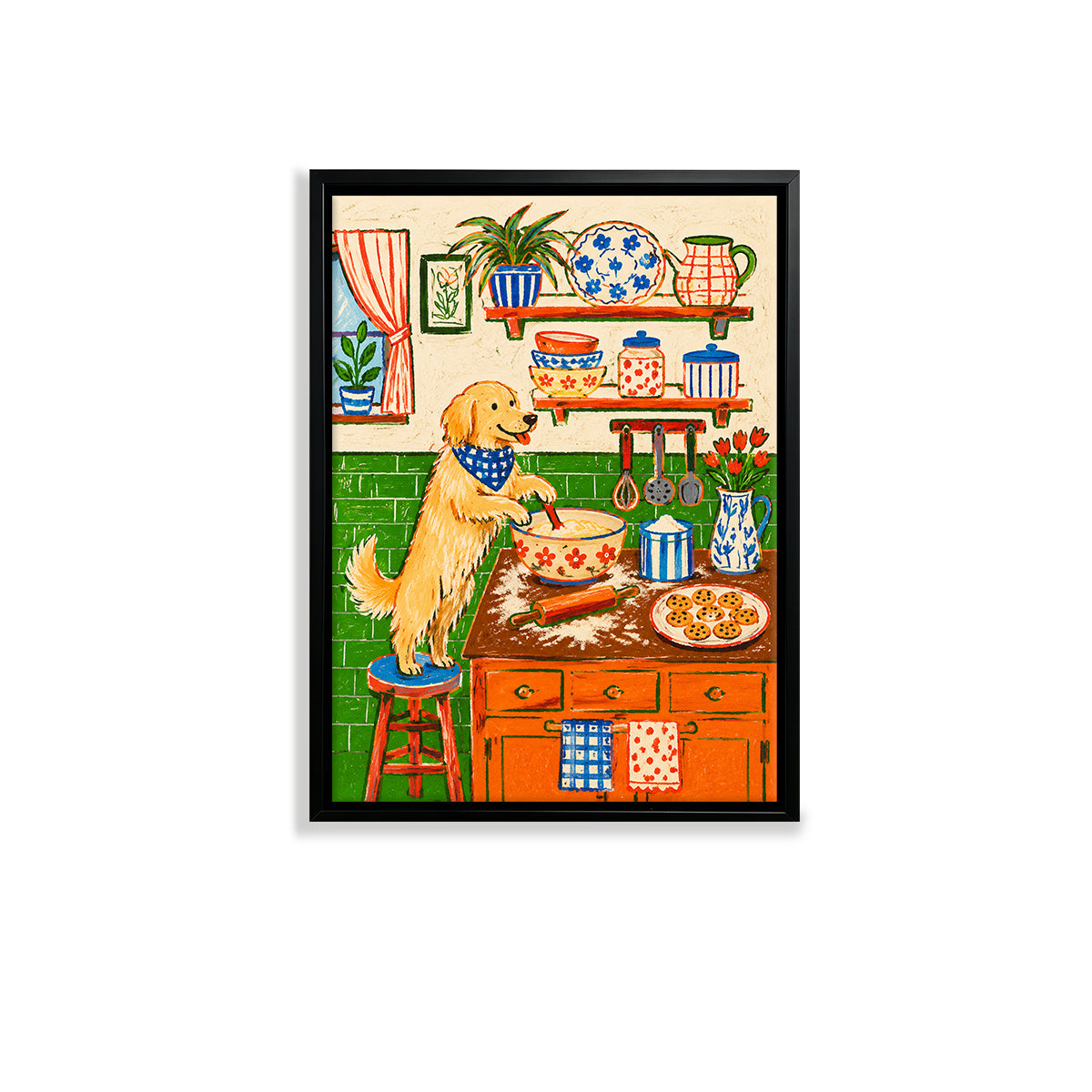 Framed Kitchen Art Print Featuring a Dog Baking in a Vintage Style, Perfect for Home Decor or Gift