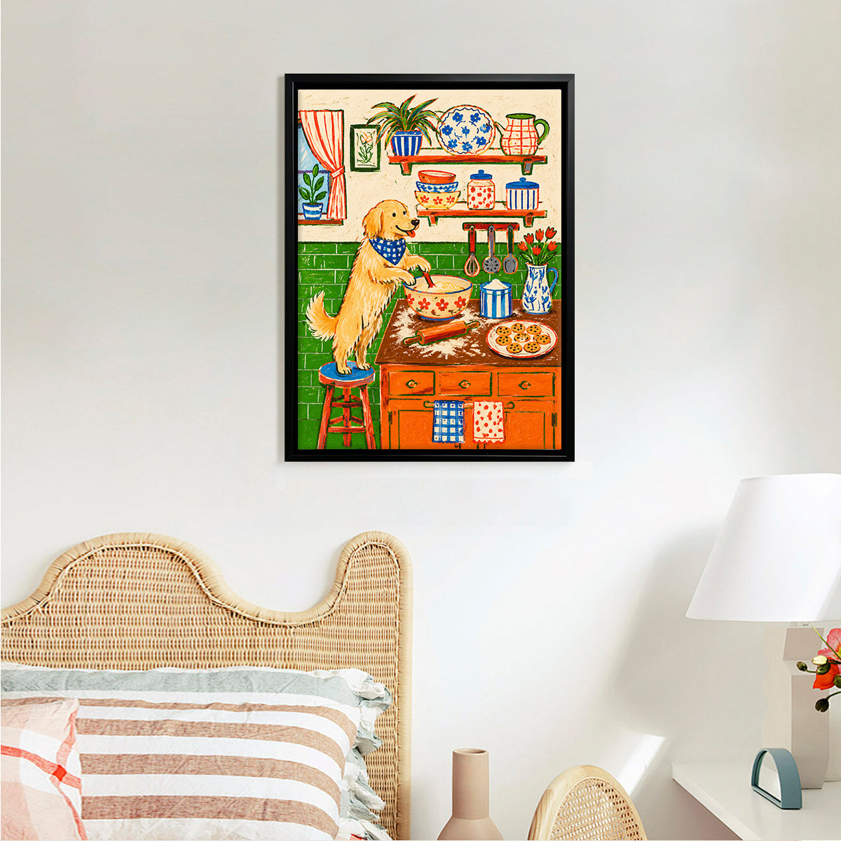 Framed Kitchen Art Print Featuring a Dog Baking in a Vintage Style, Perfect for Home Decor or Gift