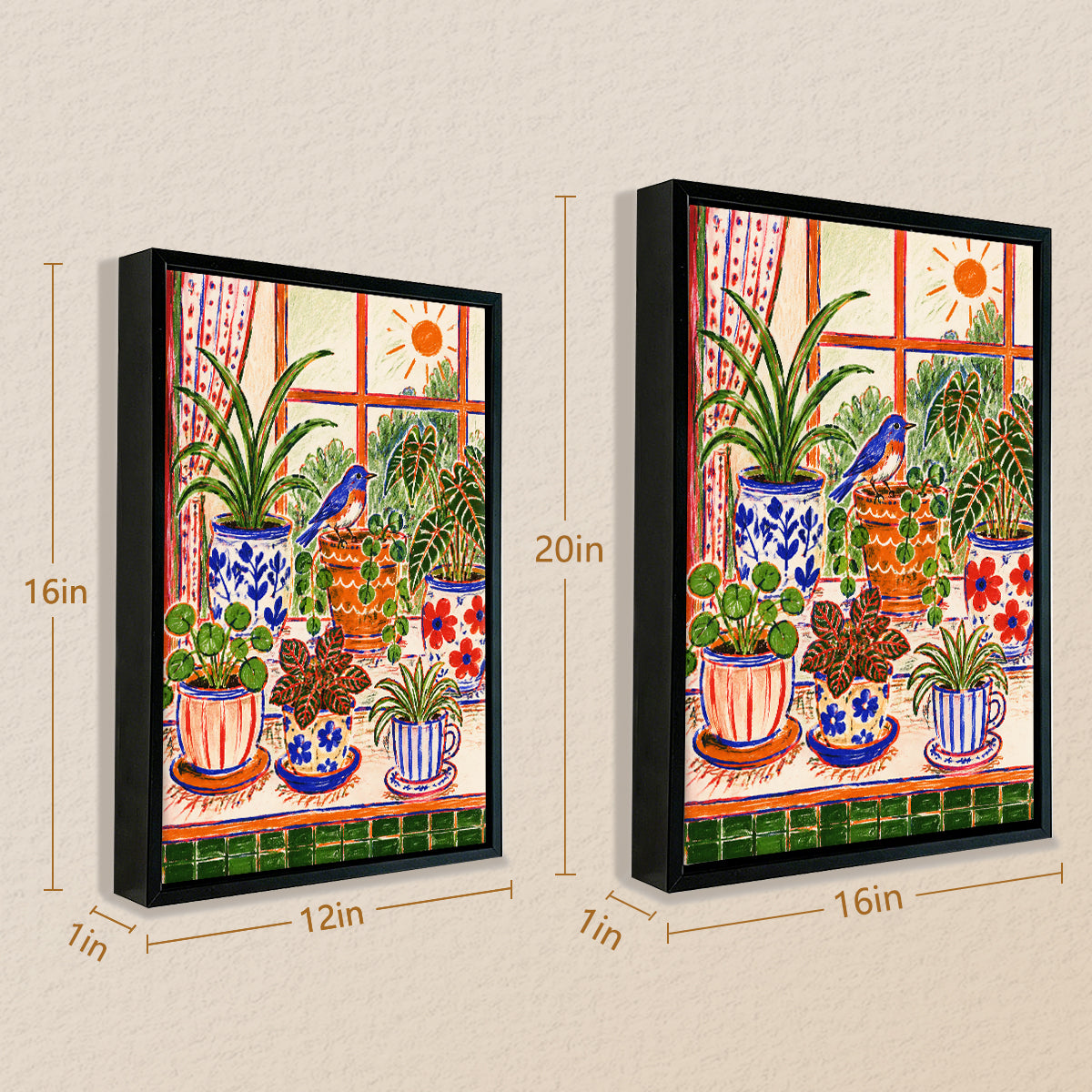 Framed Window Plant Art Print with Bluebird, Vibrant Home Decor for Living Room or Bedroom