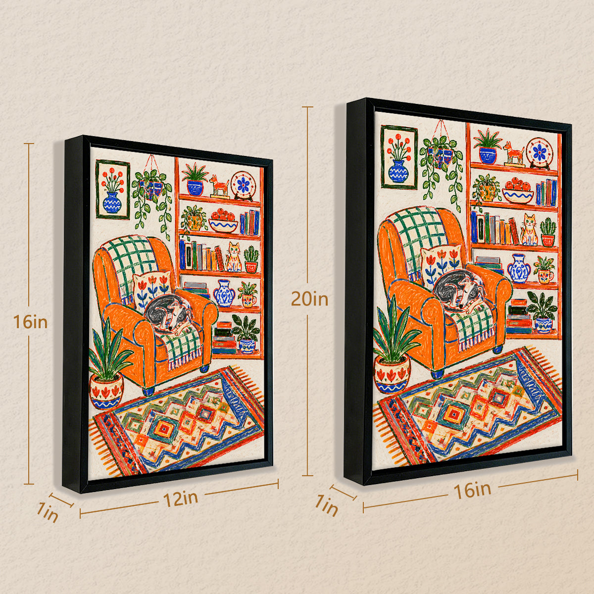 Framed Art Print of Cozy Living Room with Cat on Orange Armchair, Bohemian Style, High-Quality Giclee Print