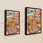 Framed Art Print of Cozy Living Room with Cat on Orange Armchair, Bohemian Style, High-Quality Giclee Print