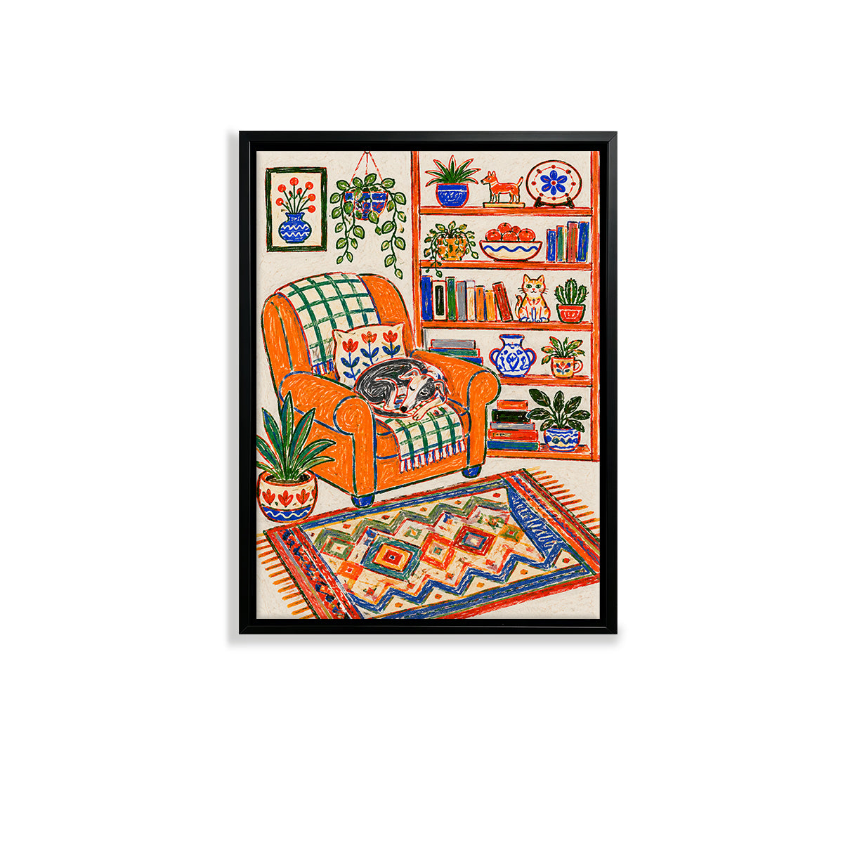 Framed Art Print of Cozy Living Room with Cat on Orange Armchair, Bohemian Style, High-Quality Giclee Print