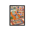 Framed Art Print of Cozy Living Room with Cat on Orange Armchair, Bohemian Style, High-Quality Giclee Print