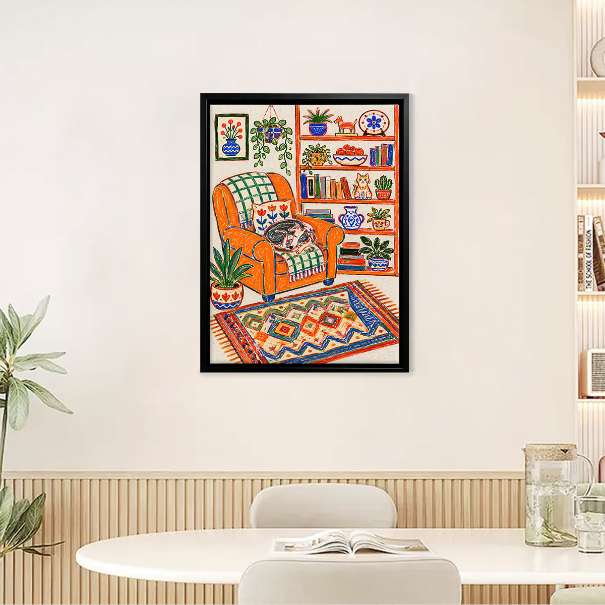Framed Art Print of Cozy Living Room with Cat on Orange Armchair, Bohemian Style, High-Quality Giclee Print