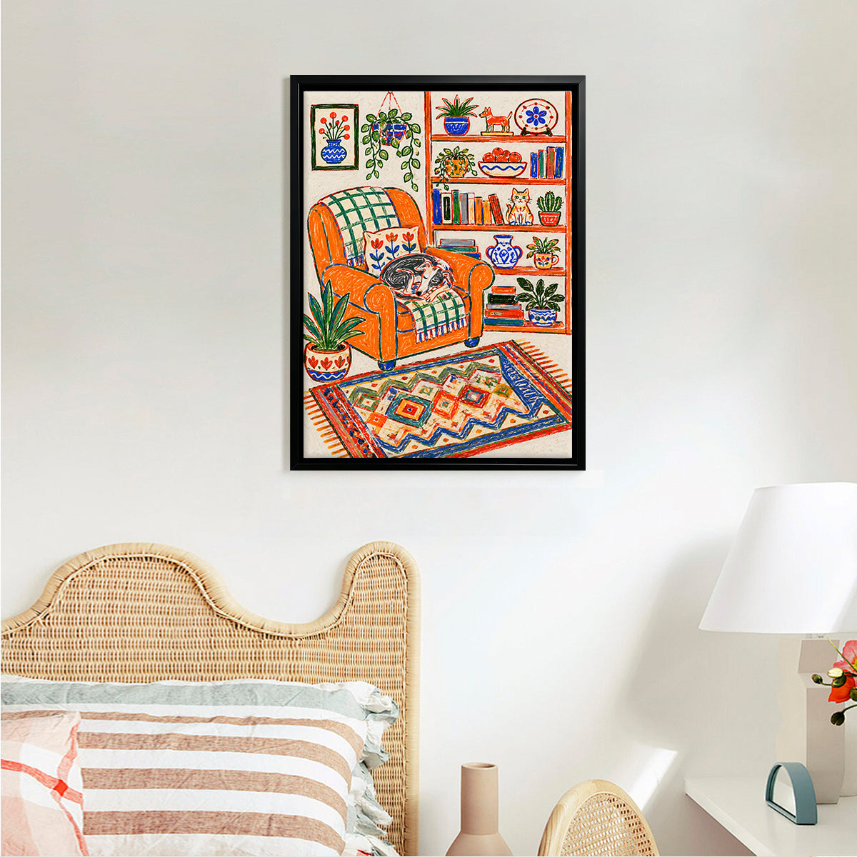 Framed Art Print of Cozy Living Room with Cat on Orange Armchair, Bohemian Style, High-Quality Giclee Print