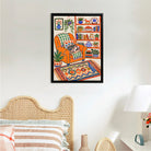 Framed Art Print of Cozy Living Room with Cat on Orange Armchair, Bohemian Style, High-Quality Giclee Print