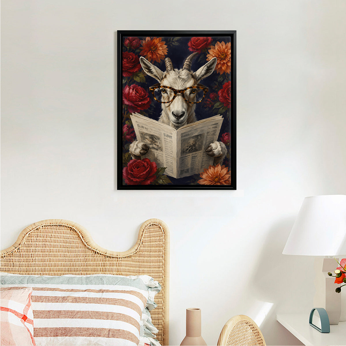Framed Goat Reading Newspaper Art Print with Floral Background, Vintage Style, High-Quality Canvas for Home Decor