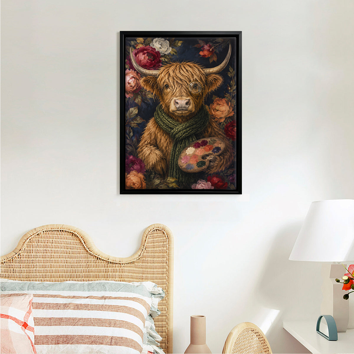 Framed Highland Cow Art Print with Floral Background, Vintage Style Canvas Painting for Home Decor