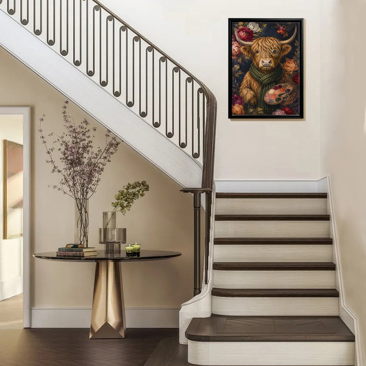 Framed Highland Cow Art Print with Floral Background, Vintage Style Canvas Painting for Home Decor