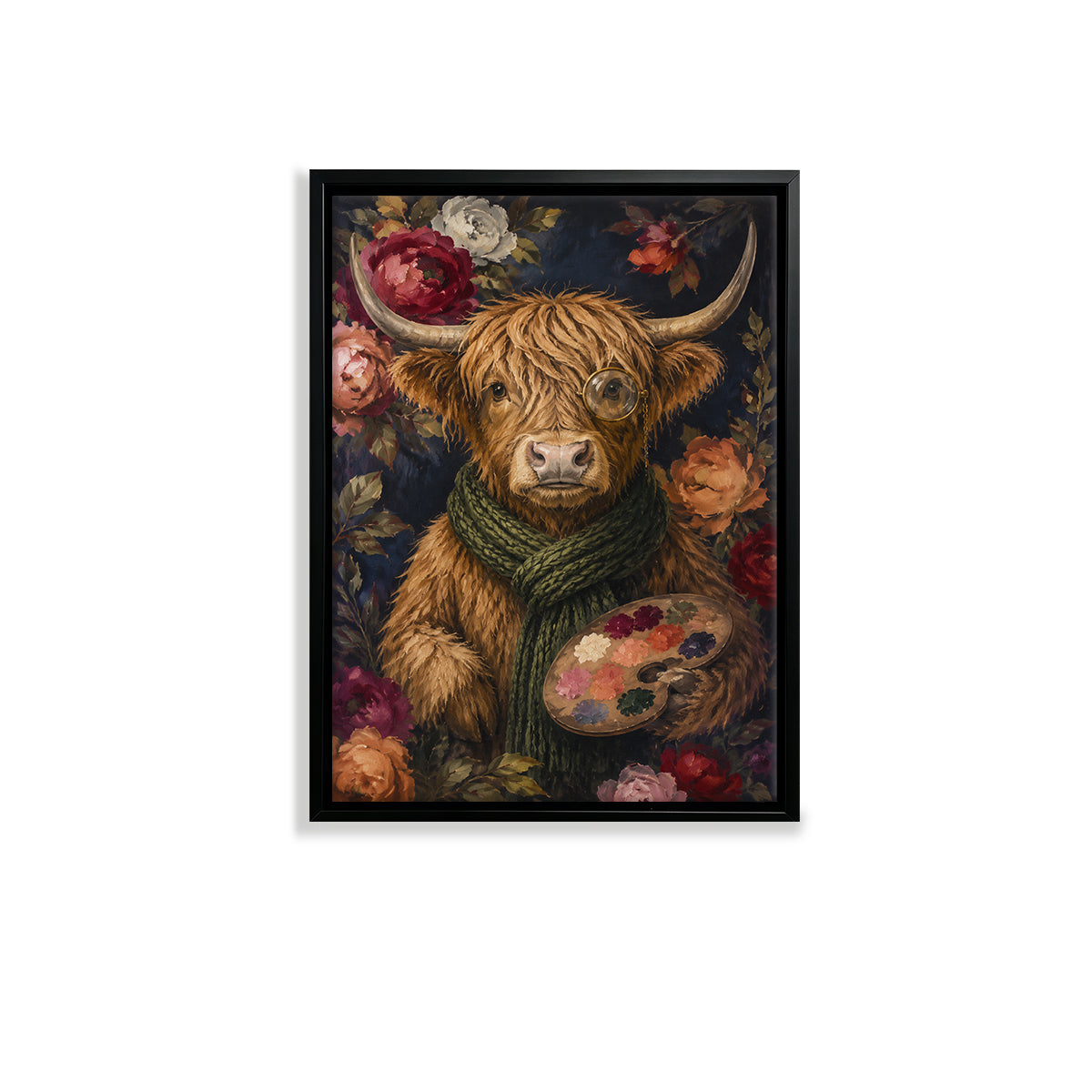 Framed Highland Cow Art Print with Floral Background, Vintage Style Canvas Painting for Home Decor