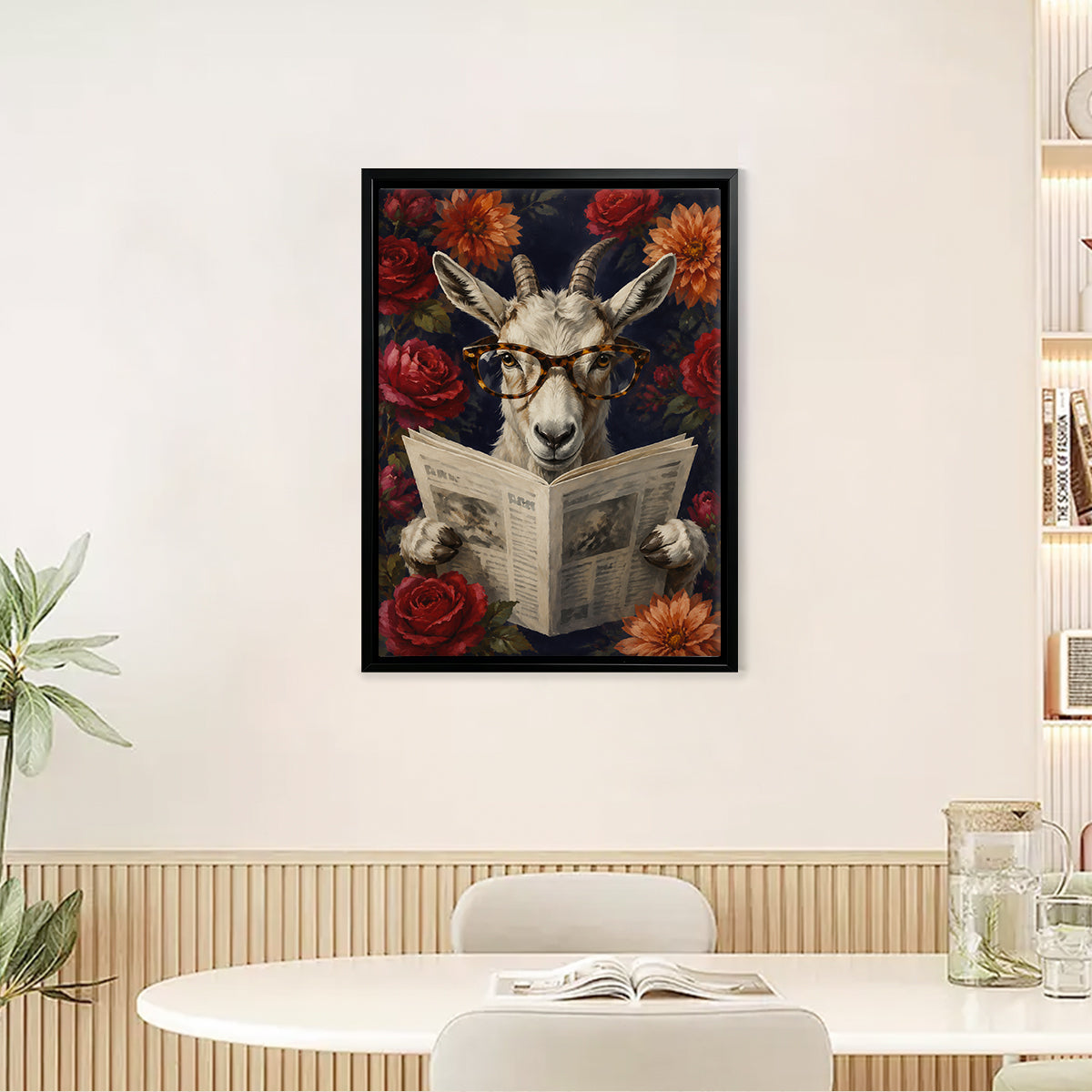Framed Goat Reading Newspaper Art Print with Floral Background, Vintage Style, High-Quality Canvas for Home Decor