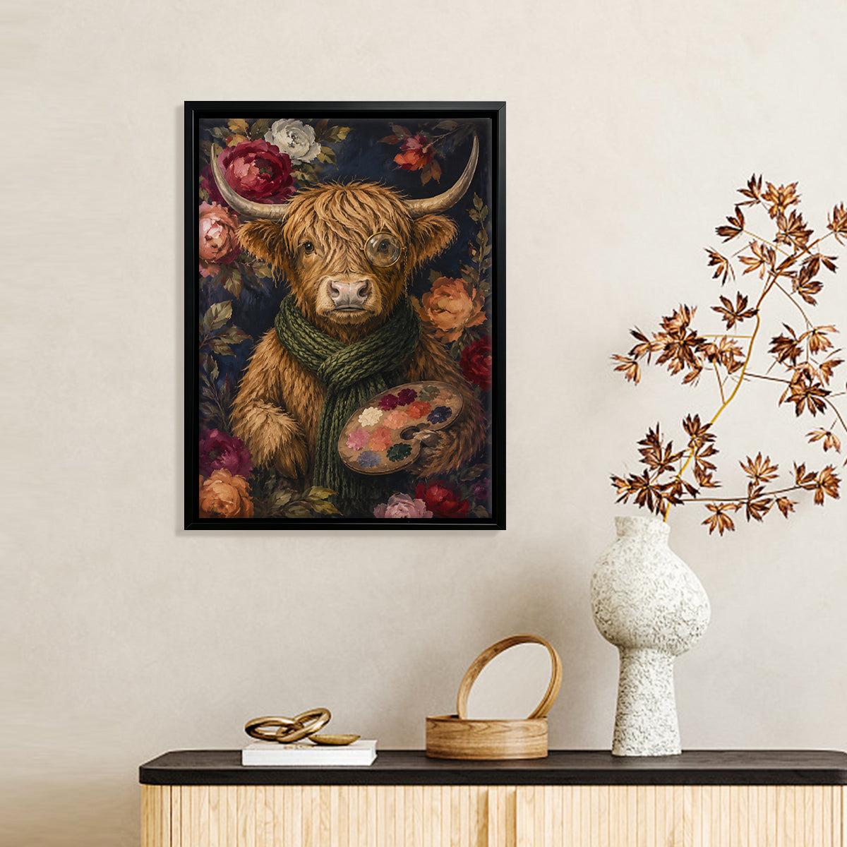Framed Highland Cow Art Print with Floral Background, Vintage Style Canvas Painting for Home Decor