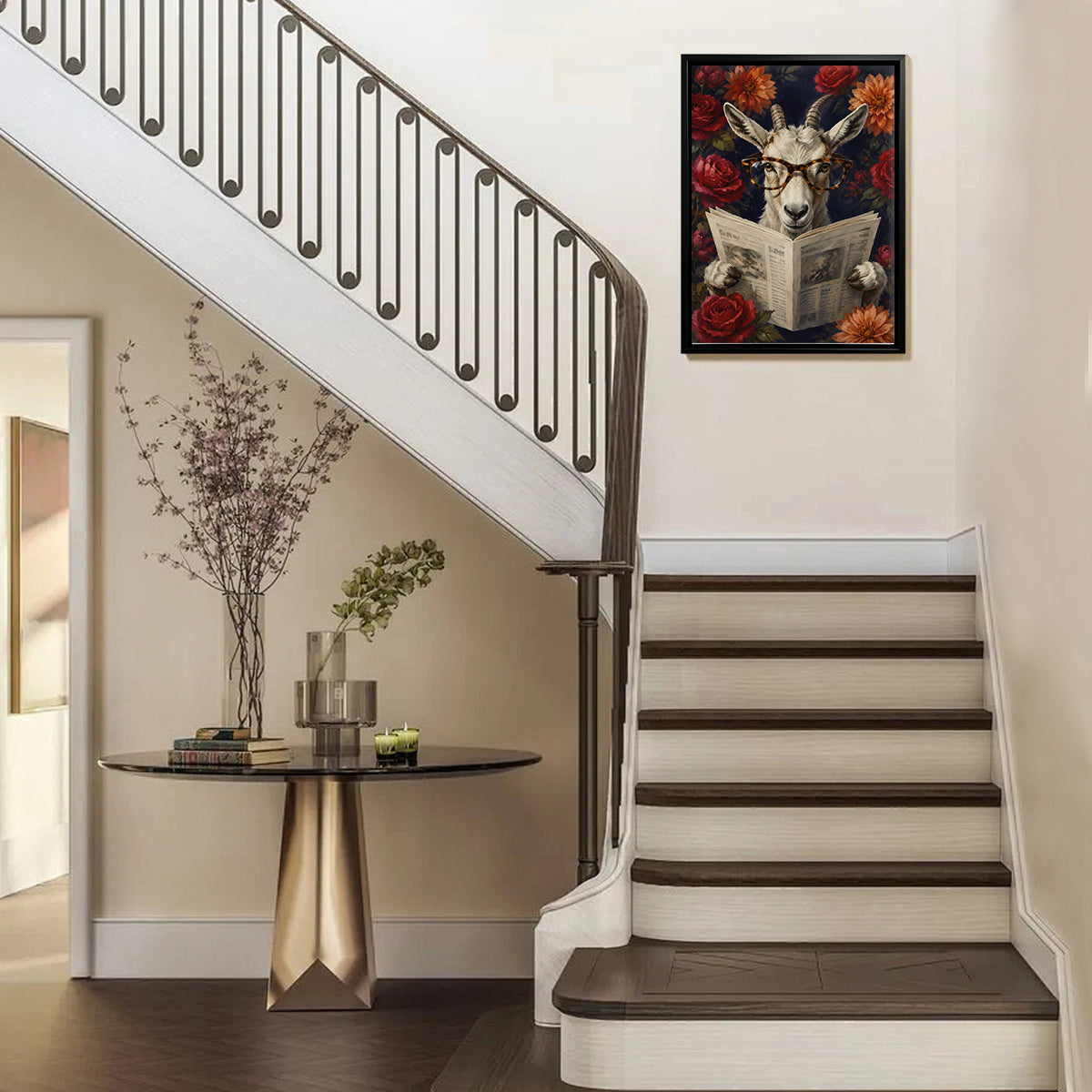 Framed Goat Reading Newspaper Art Print with Floral Background, Vintage Style, High-Quality Canvas for Home Decor
