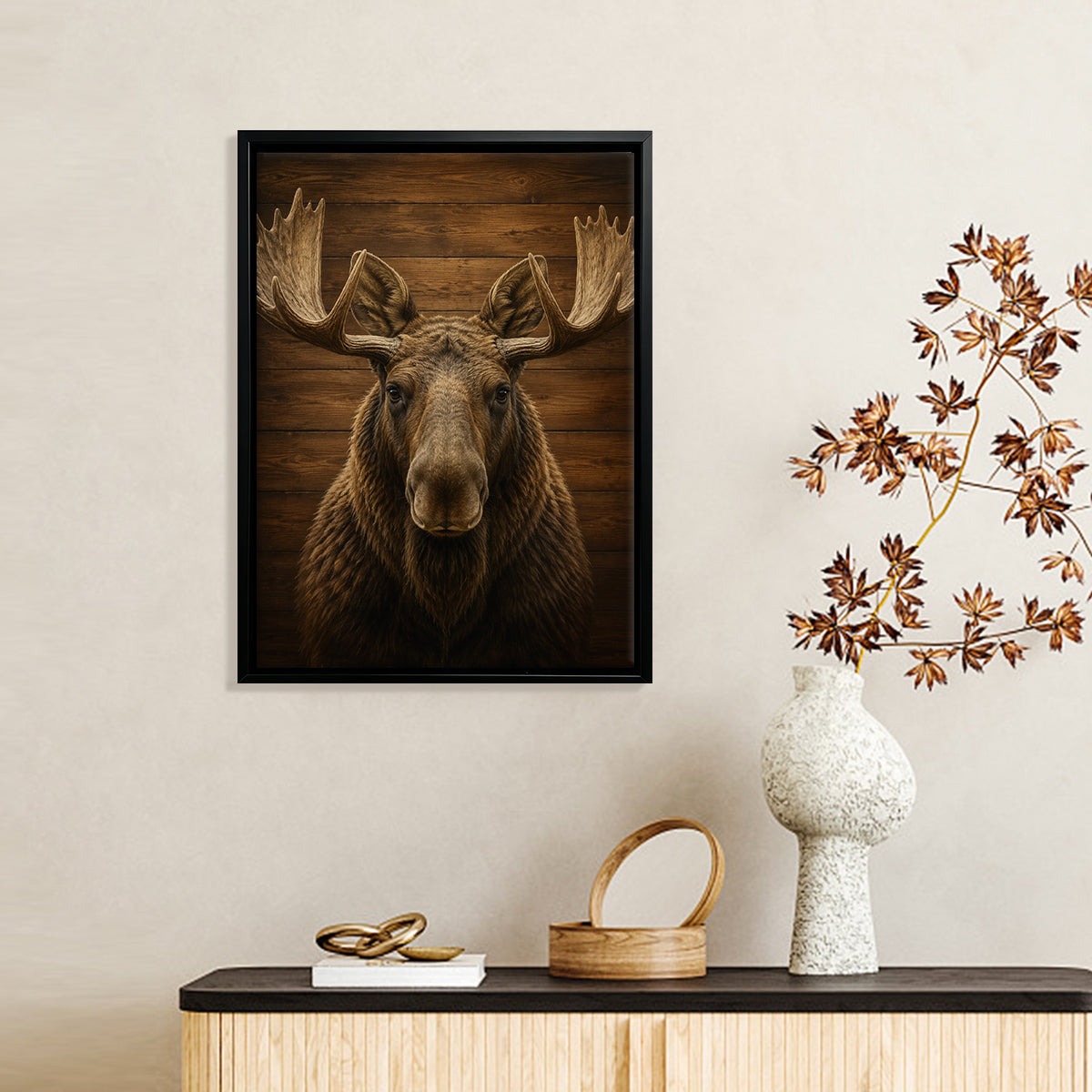 Framed Moose Head Wall Art, Rustic Wood Background, High-Quality Print, Perfect Home Decor for Any Room