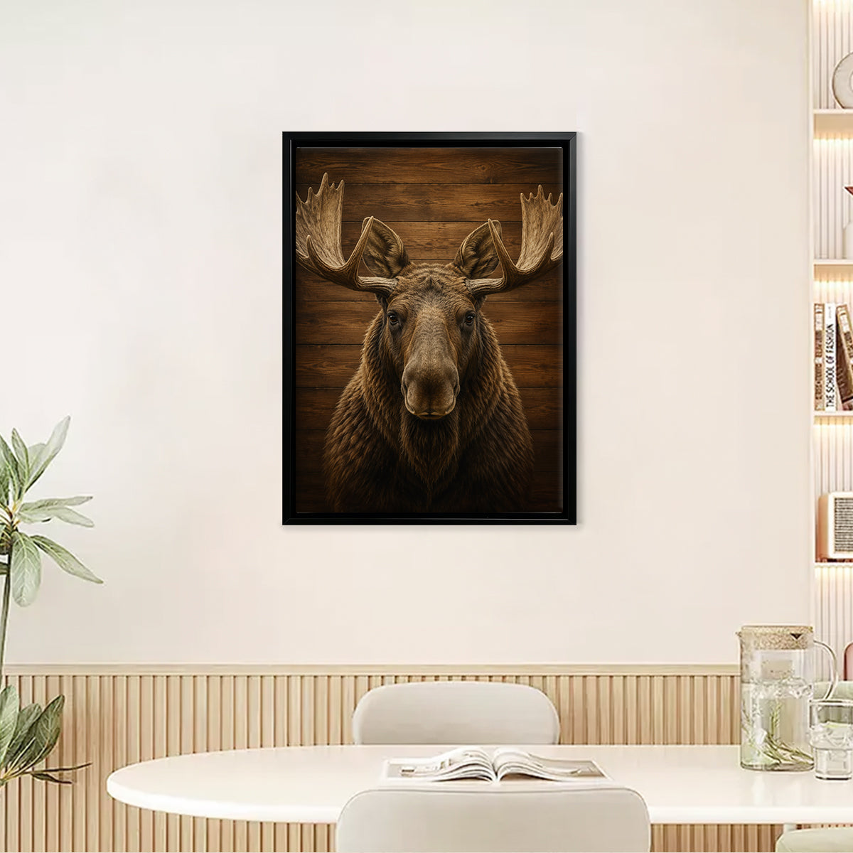 Framed Moose Head Wall Art, Rustic Wood Background, High-Quality Print, Perfect Home Decor for Any Room