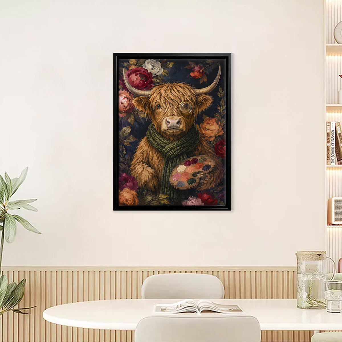 Framed Highland Cow Art Print with Floral Background, Vintage Style Canvas Painting for Home Decor