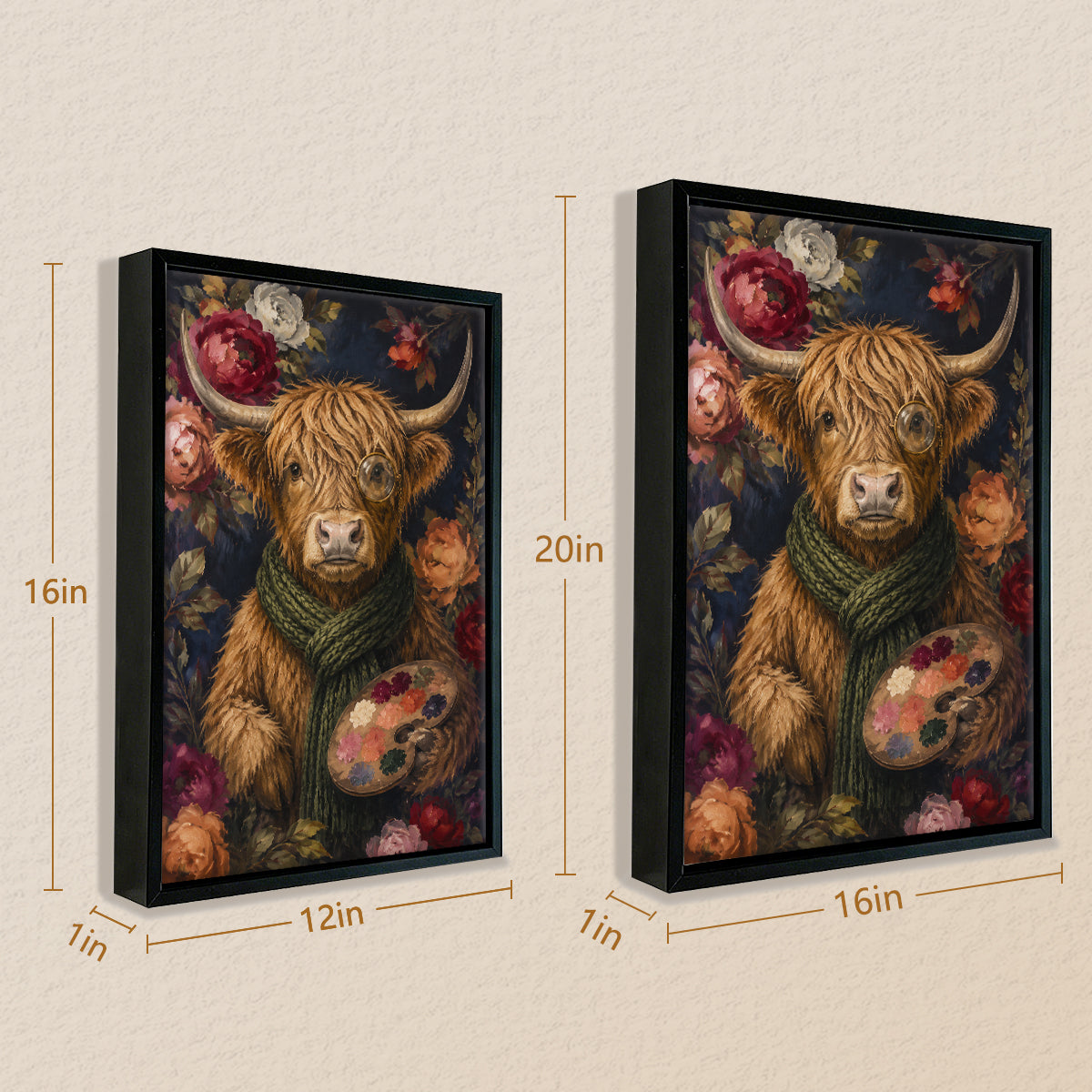 Framed Highland Cow Art Print with Floral Background, Vintage Style Canvas Painting for Home Decor
