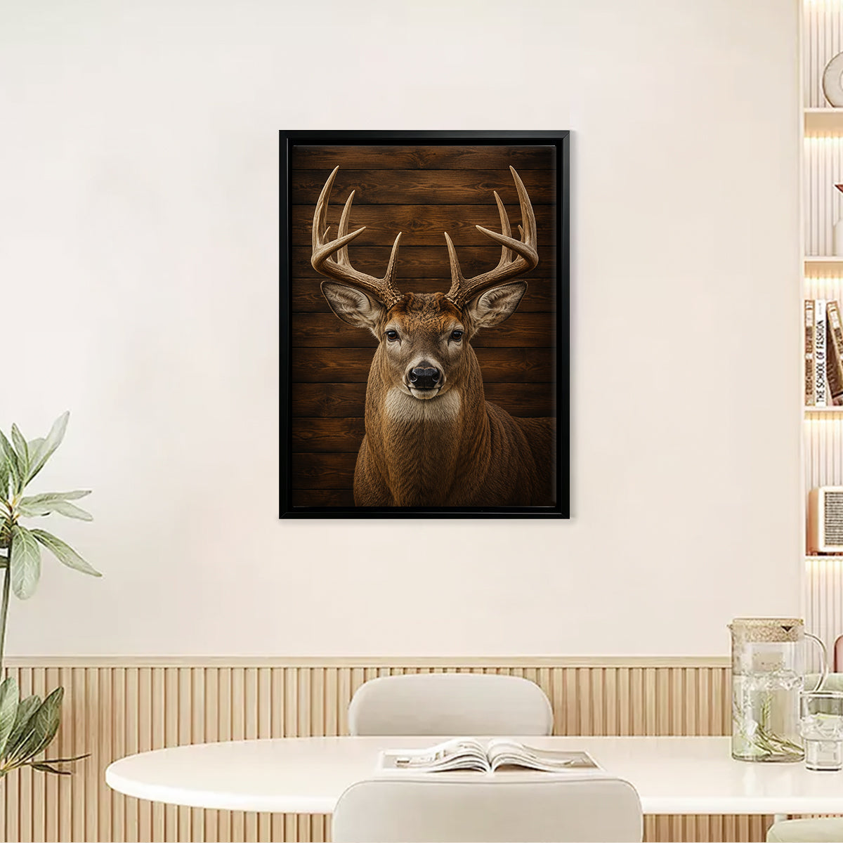 Framed Deer Portrait Wall Art, Rustic Wood Background, High-Quality Print, Home Decor for Living Room or Office
