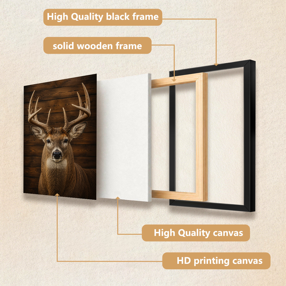 Framed Deer Portrait Wall Art, Rustic Wood Background, High-Quality Print, Home Decor for Living Room or Office