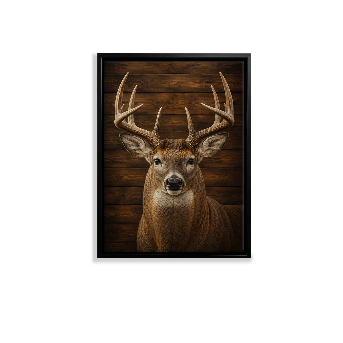 Framed Deer Portrait Wall Art, Rustic Wood Background, High-Quality Print, Home Decor for Living Room or Office