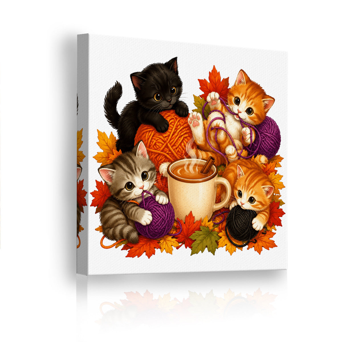 Adorable Kitten Autumn Coffee Canvas Art Print, Cozy Home Decor for Living Room or Bedroom