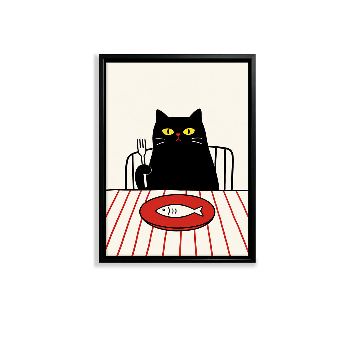 Framed Cat Dining Poster with Fish Illustration, Modern Art Print for Home Decor