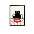 Framed Cat Dining Poster with Fish Illustration, Modern Art Print for Home Decor