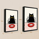 Framed Cat Dining Poster with Fish Illustration, Modern Art Print for Home Decor
