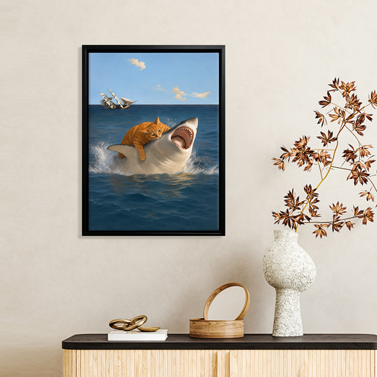 Framed Ocean Art Print Featuring a Cat Riding a Shark, Surreal Nautical Decor for Home or Office