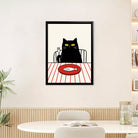 Framed Cat Dining Poster with Fish Illustration, Modern Art Print for Home Decor