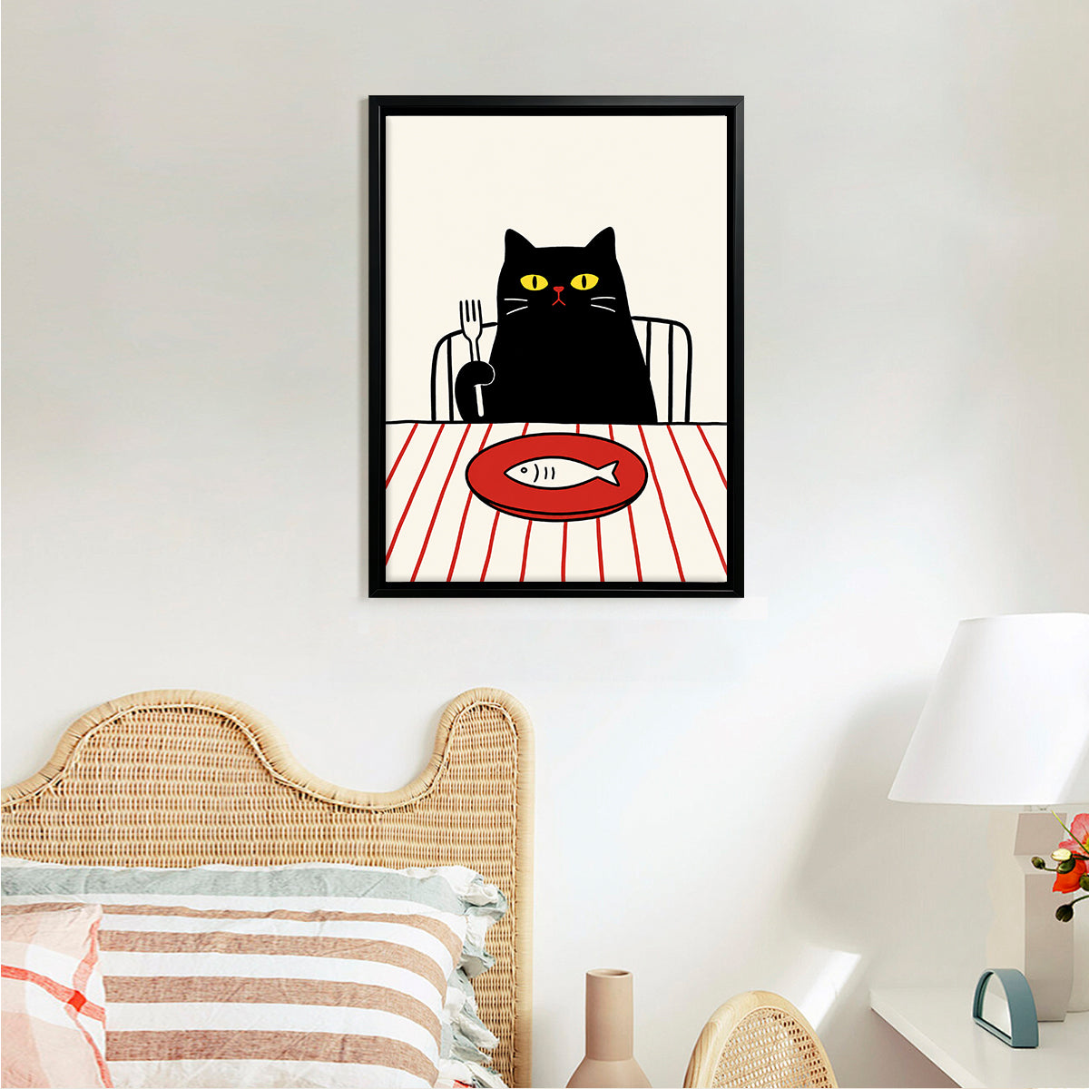 Framed Cat Dining Poster with Fish Illustration, Modern Art Print for Home Decor